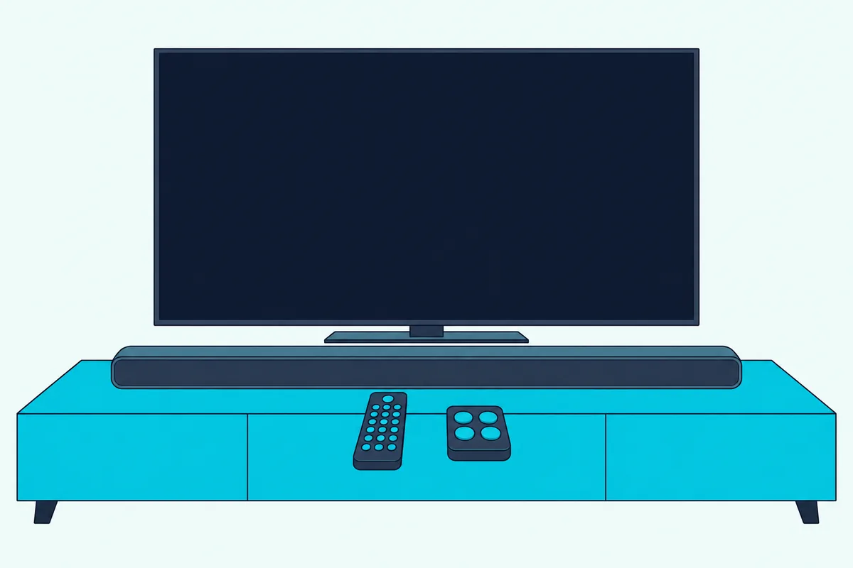Slim soundbar on a low cabinet below a flat TV with two different handheld remotes lying side by side in front of it