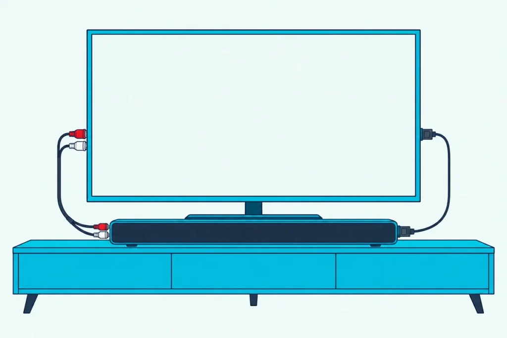 Slim soundbar below a TV, joined to its back panel by a red-and-white cable and a thin optical cable
