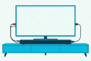 Slim soundbar below a TV, joined to its back panel by a red-and-white cable and a thin optical cable