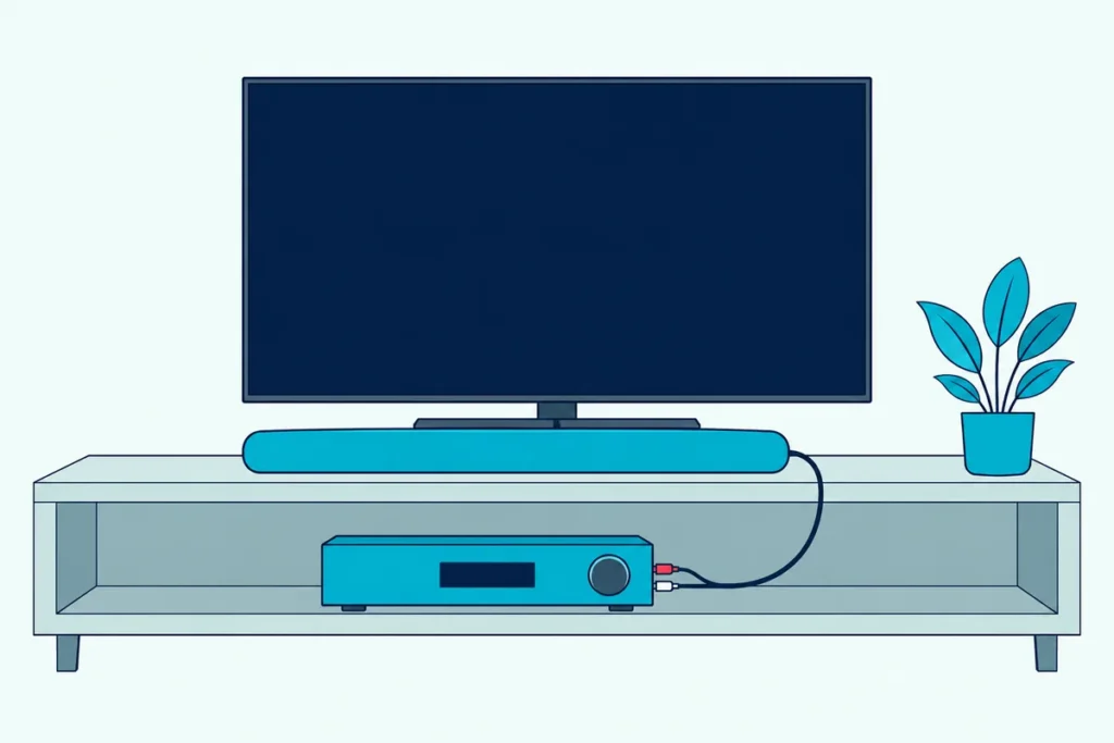 Slim soundbar below a TV with an AV receiver on the shelf beneath, joined by one stereo cable