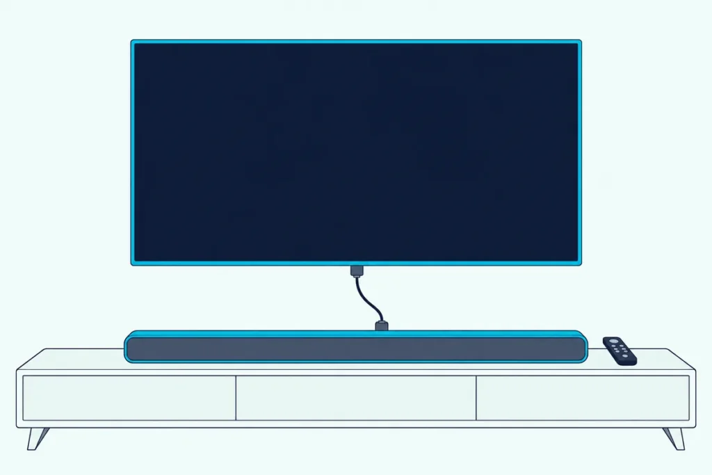 Slim soundbar below a wall-mounted TV, joined to it by one HDMI cable, with a TV remote on the console