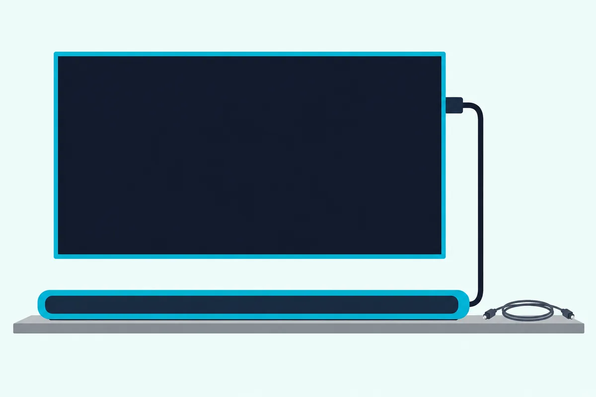 Slim soundbar below a wall-mounted TV with one HDMI cable running up to the TV and a coiled optical cable set aside