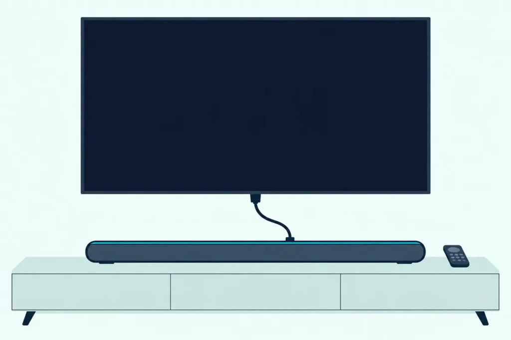 Slim soundbar on a console below a wall TV, joined to it by one HDMI cable, with a plain remote beside it