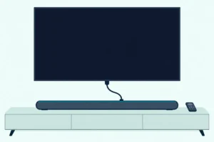 Slim soundbar on a console below a wall TV, joined to it by one HDMI cable, with a plain remote beside it