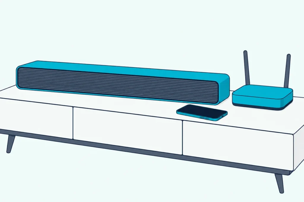 A slim soundbar on a console beside a Wi-Fi router with two antennas and a smartphone with a blank screen