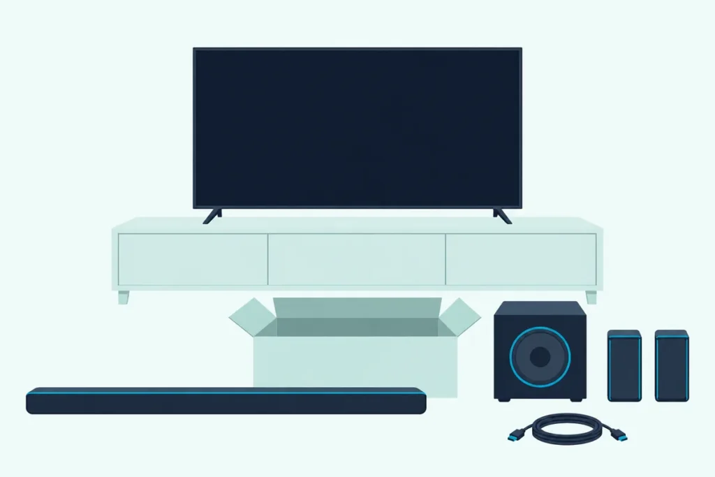 Slim soundbar, cube subwoofer and two small rear speakers set out beside an open box in front of a TV cabinet