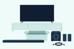 Slim soundbar, cube subwoofer and two small rear speakers set out beside an open box in front of a TV cabinet