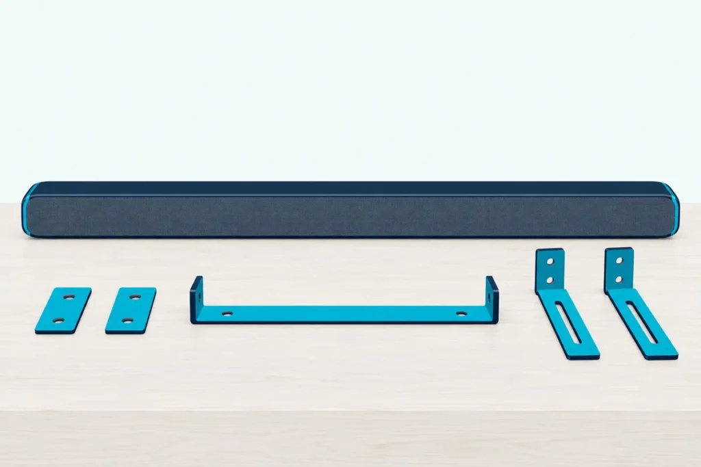 Slim soundbar on a table behind three kinds of mounting brackets: small wall plates, a long TV bracket and shelf arms