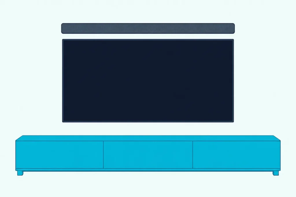 Slim soundbar mounted level a few inches above a wall-mounted TV with a blank screen, a low console below