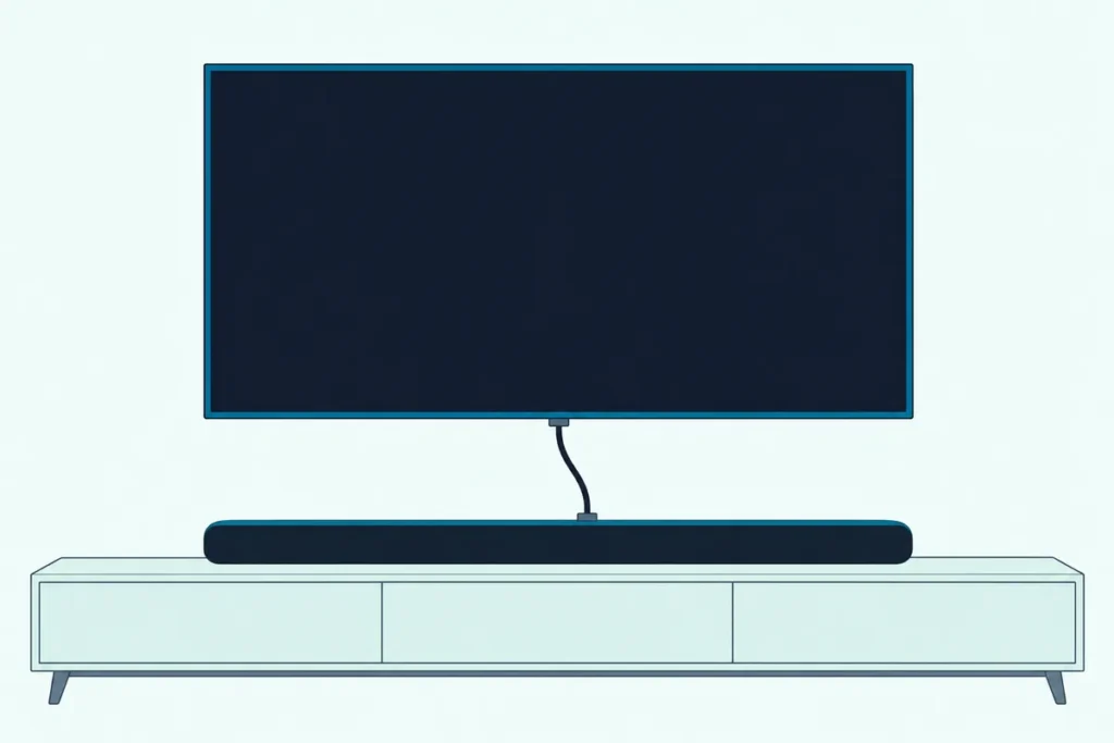 Slim black soundbar on a console below a wall-mounted TV, joined to it by one HDMI cable