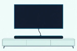 Slim black soundbar on a console below a wall-mounted TV, joined to it by one HDMI cable
