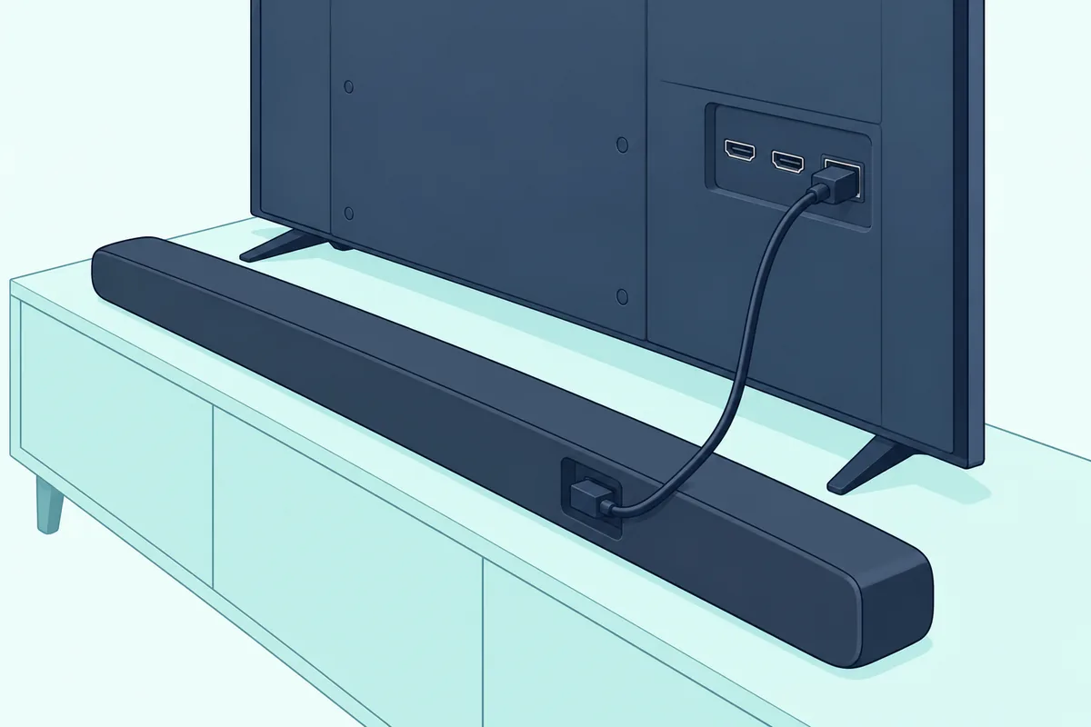 Slim soundbar on a console with one HDMI cable running up into a row of plain sockets on the back of a TV