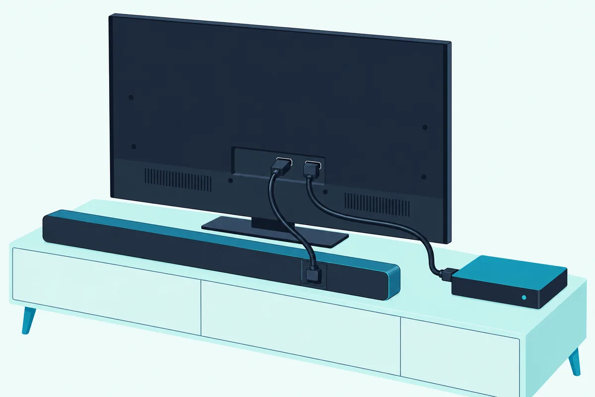 Slim soundbar on a low cabinet under a TV, with a flat set-top box beside it and two HDMI cables running behind the TV