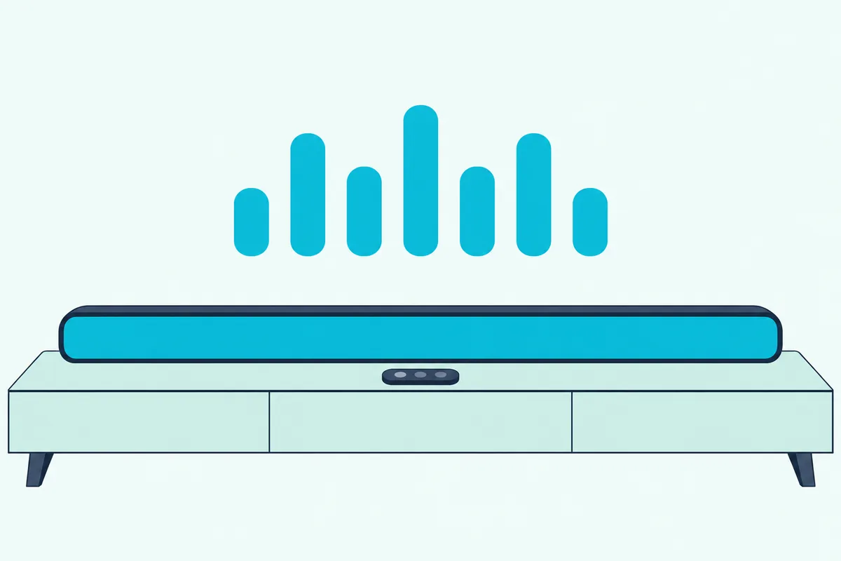 Slim soundbar on a low console with a small remote in front and seven short bars of uneven heights floating above it