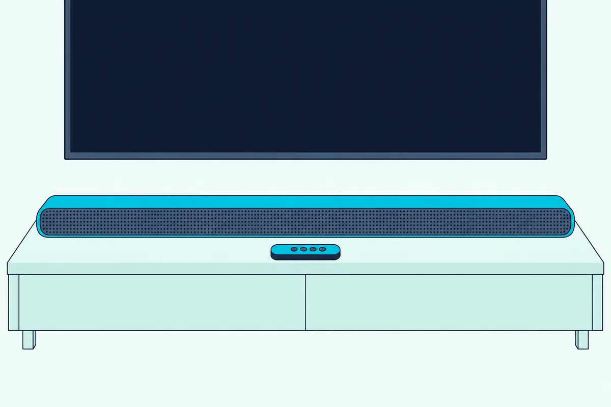 Slim soundbar on a low wooden console with a small remote resting in front of it and a TV with a blank screen above