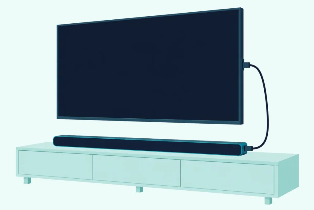 Slim soundbar on a low console with one HDMI cable running up to the side of a wall-mounted TV with a blank screen