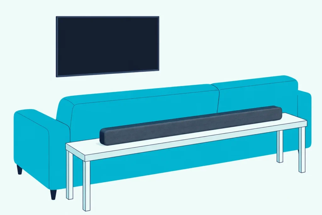 Slim soundbar on a narrow console table behind a sofa that faces a wall-mounted TV with a blank screen