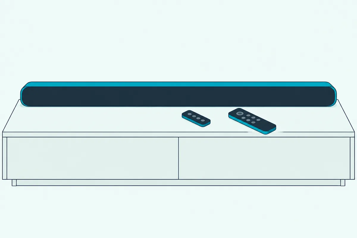 Slim soundbar on a low wooden TV cabinet, its small remote in front and a TV remote a little further back