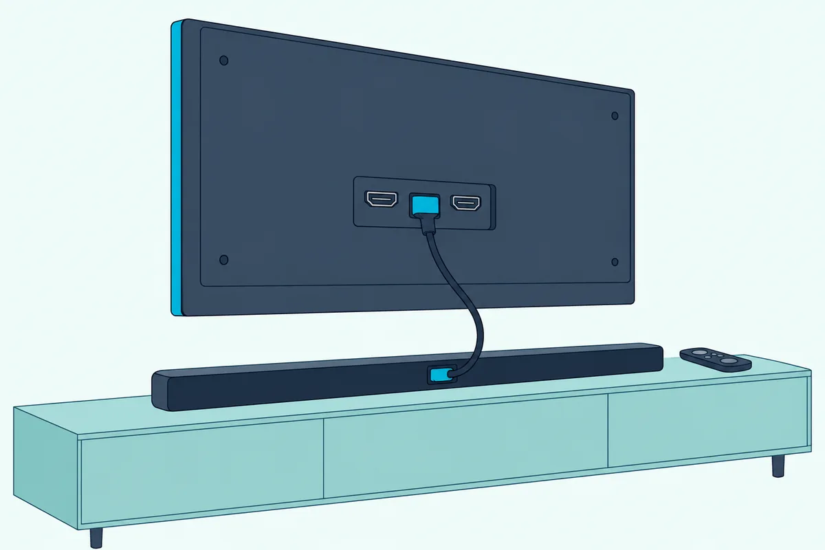 Slim soundbar on a TV console joined to the back of a wall TV by one HDMI cable, with a small remote beside it