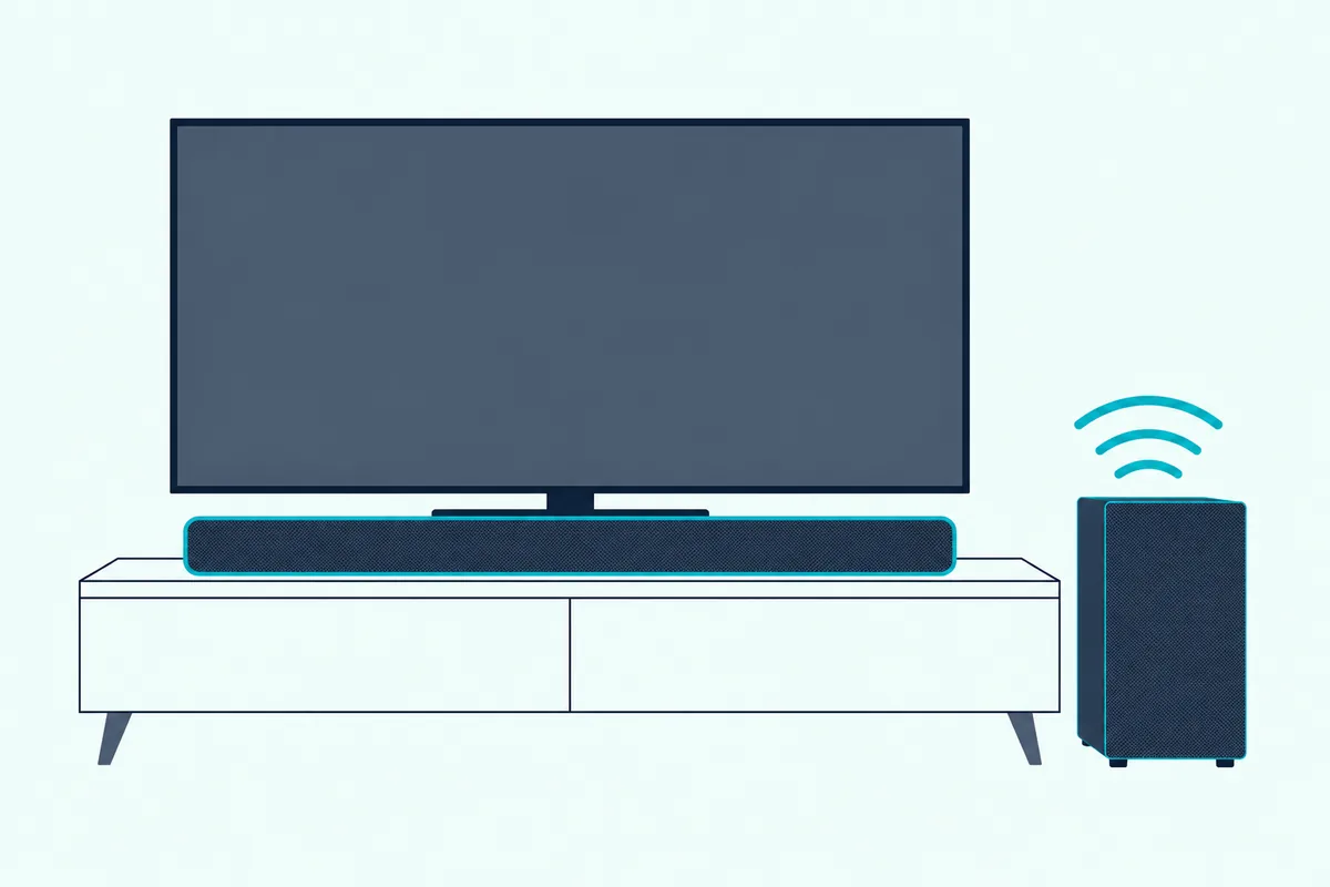 Slim soundbar on a low TV stand with a separate box subwoofer on the floor beside the stand