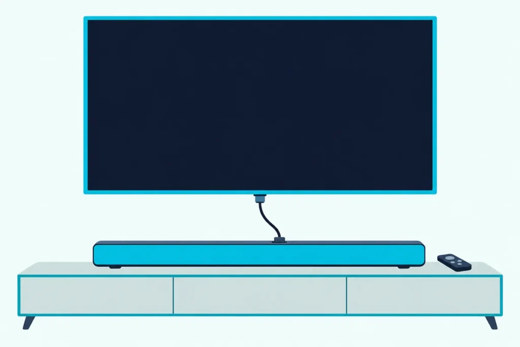 Slim soundbar on a console below a wall TV, linked to it by one HDMI cable, with a plain remote nearby