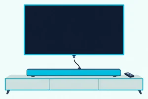 Slim soundbar on a console below a wall TV, linked to it by one HDMI cable, with a plain remote nearby