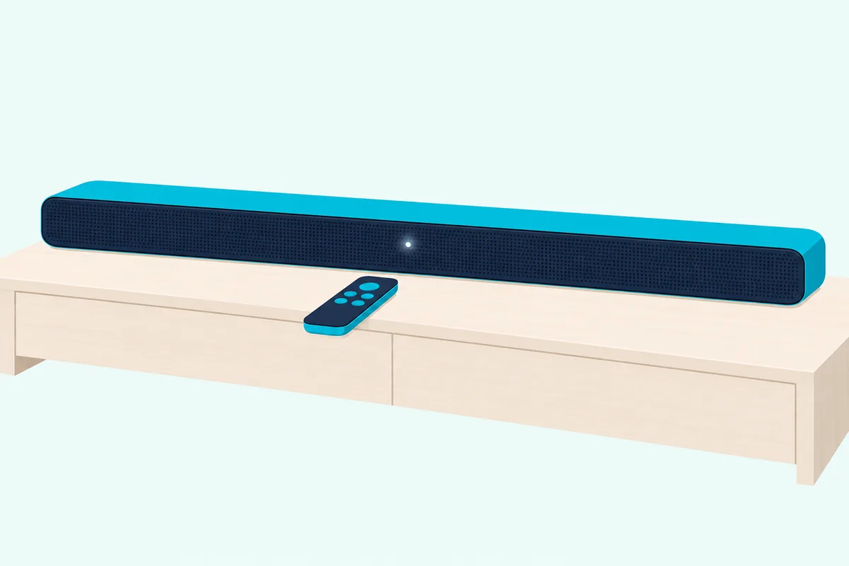 Slim soundbar on a low console with one small status light glowing white and a plain remote pointed at it