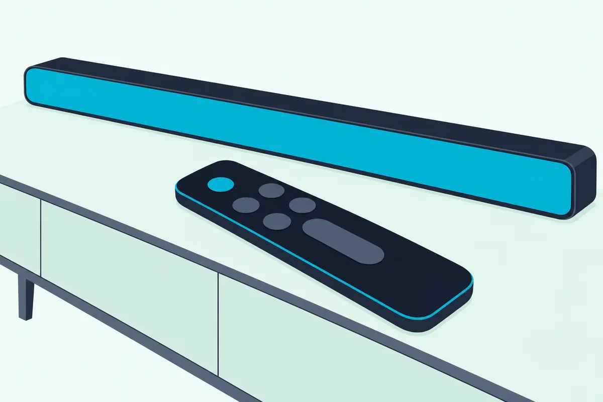 Slim black soundbar remote resting on a wooden TV stand in front of a low soundbar