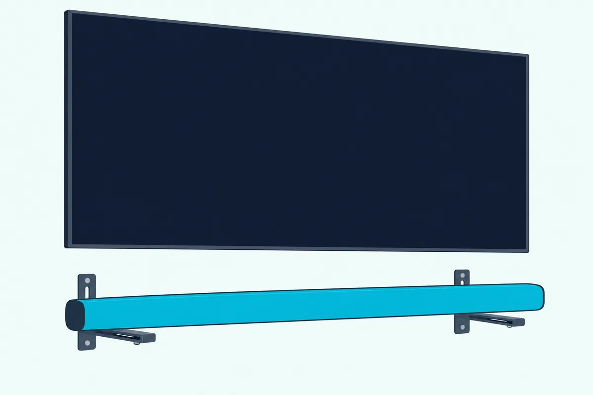 Slim soundbar resting on two adjustable L-shaped shelf brackets fixed to a plain wall below a wall-mounted TV