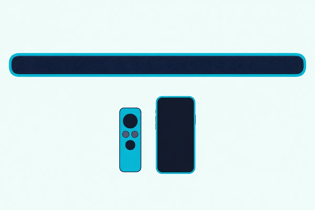 Slim soundbar seen from above with a small remote control and a phone with a blank dark screen lying in front of it