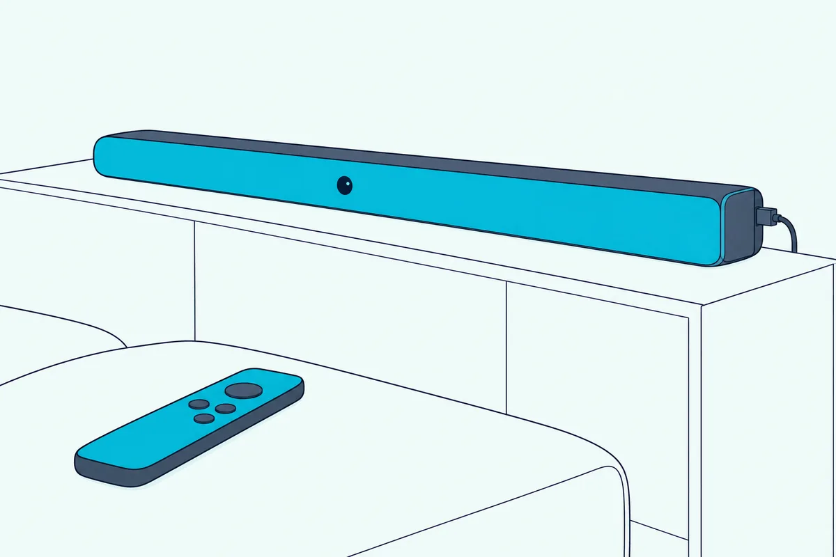 Slim soundbar seen from one end with a thin optical cable at its back, a small TV remote on a sofa cushion facing its front