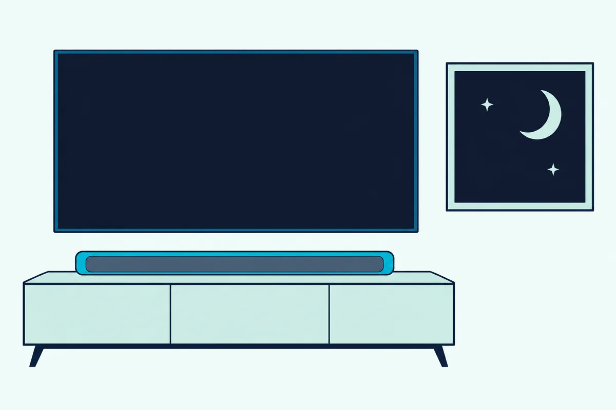Slim soundbar under a TV with a blank screen, with a crescent moon showing in the window beside them