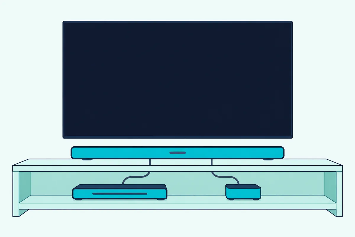 Slim soundbar under a blank TV with a small Blu-ray player and a streaming box on the shelf below