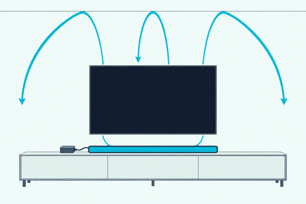 Slim soundbar under a blank TV with a small streaming box beside it and curved arcs rising from its top to the ceiling