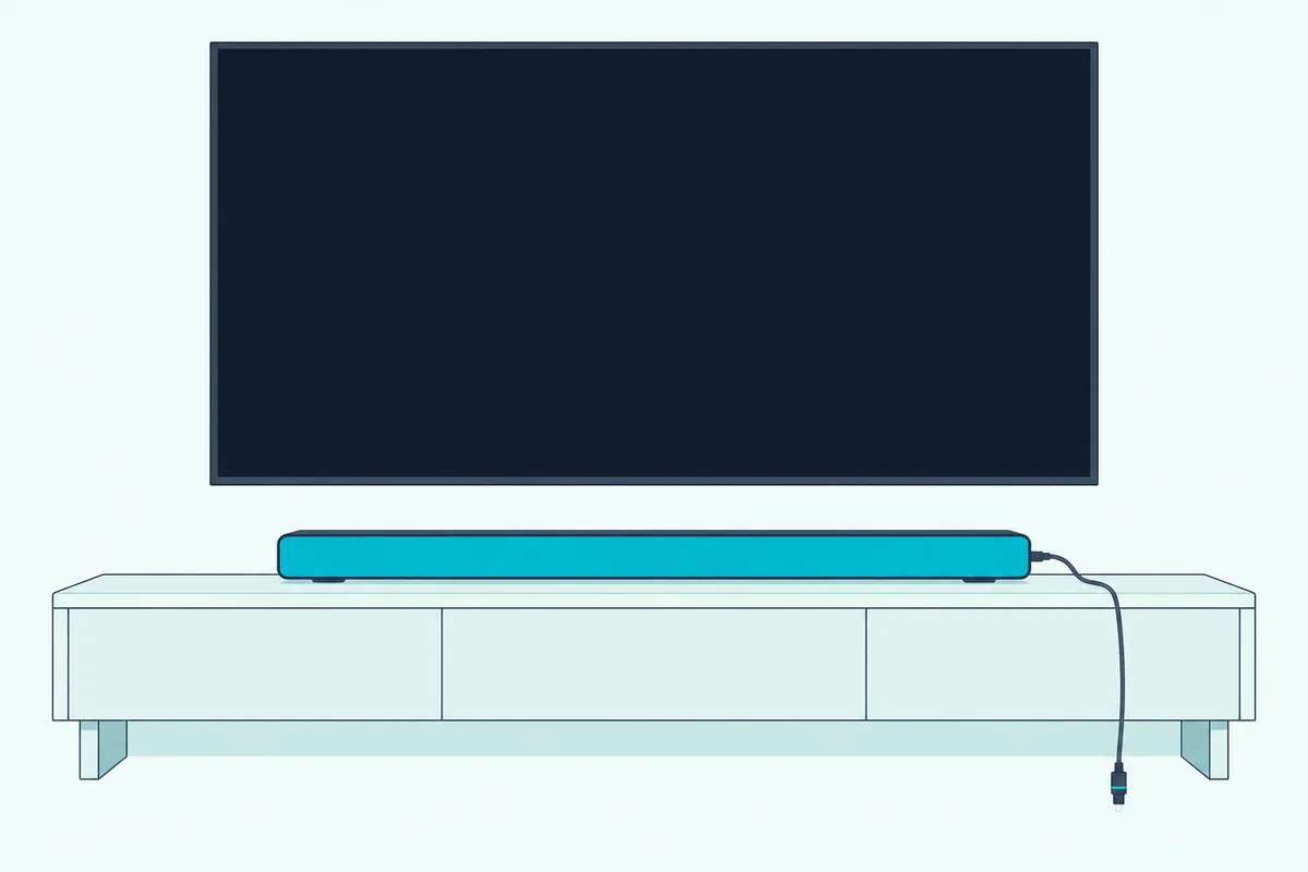 Slim soundbar under a blank TV with a thin optical cable hanging loose from the back of the soundbar