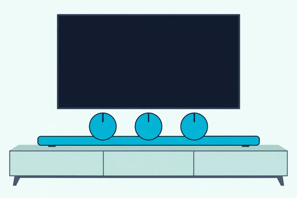 Slim soundbar under a TV with a blank screen and three round dials in front of it, each set to its middle position