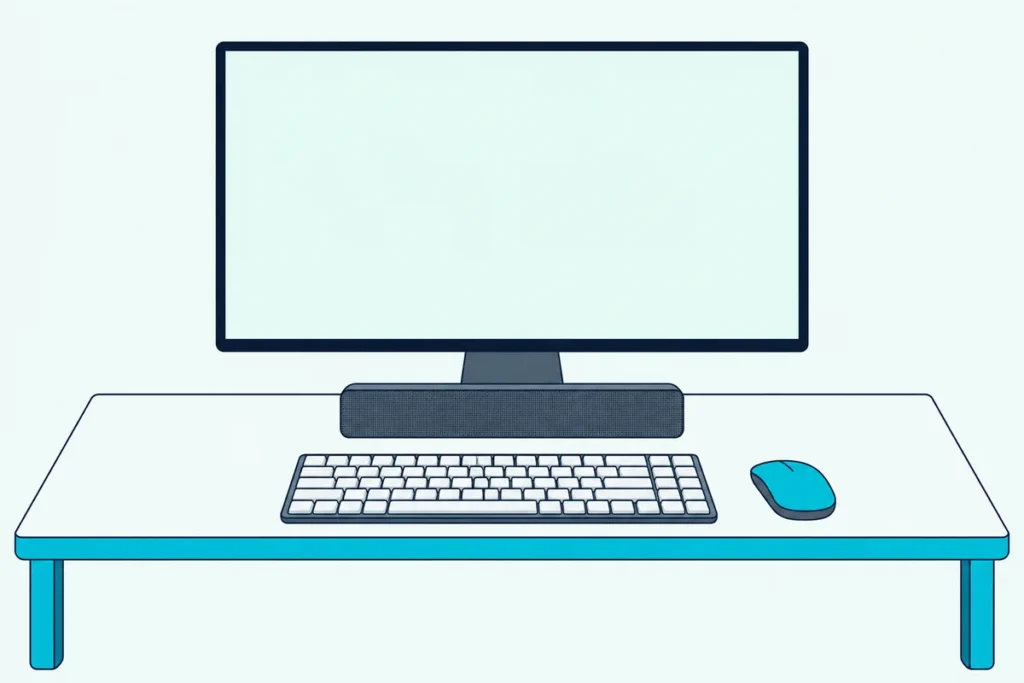 A slim soundbar under a computer monitor with a blank screen on a desk, a keyboard and a mouse in front