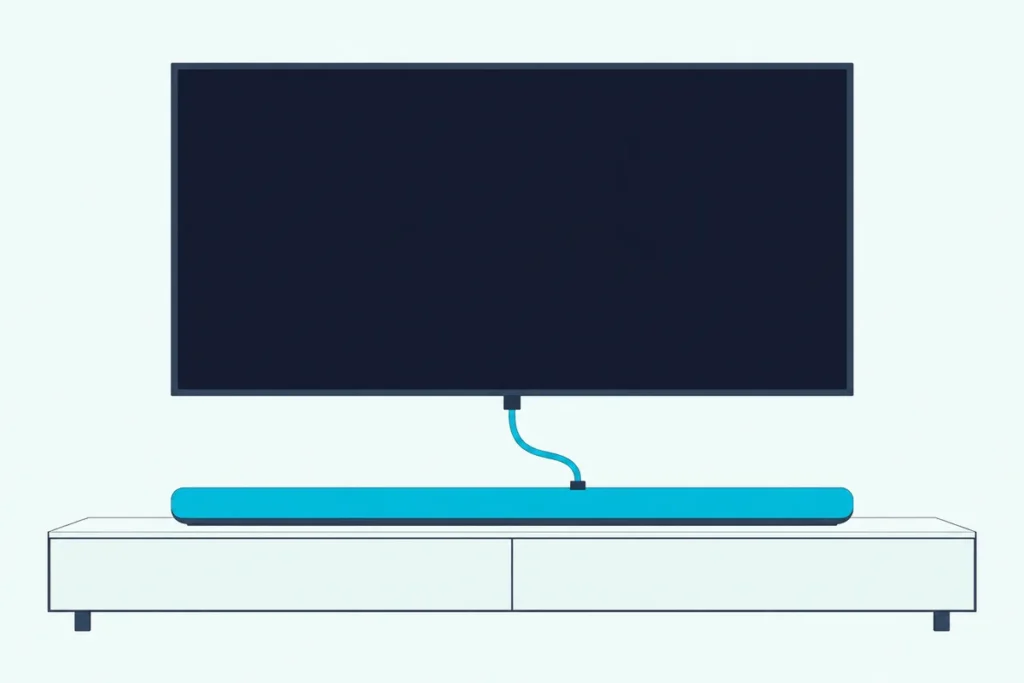 Slim soundbar under a wall-mounted TV with one plain teal cable running from the bar up to the TV
