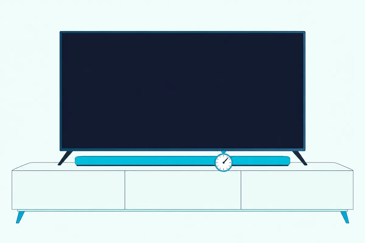 Slim soundbar under a TV with a small analog stopwatch resting on the cabinet in front of it