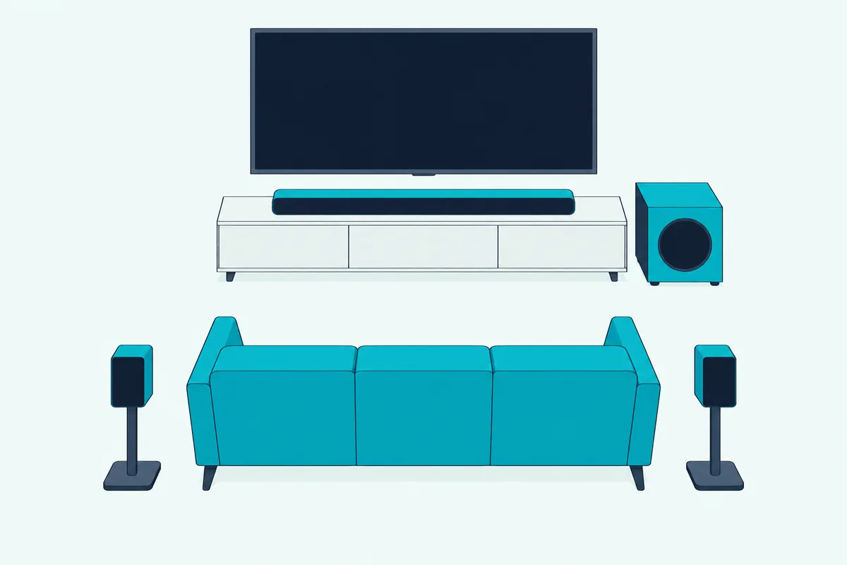 Slim soundbar under a TV with a subwoofer at one end and two small rear speakers on stands behind a sofa