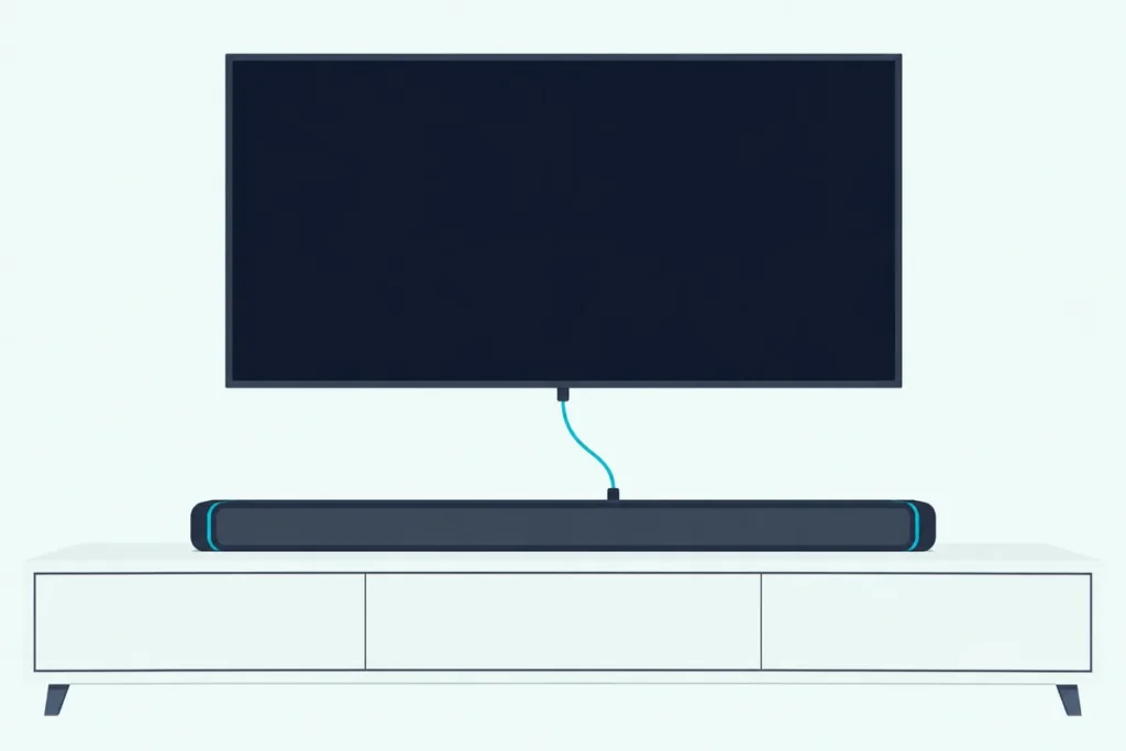 Slim soundbar under a wall-mounted TV, joined to it by one thin optical cable