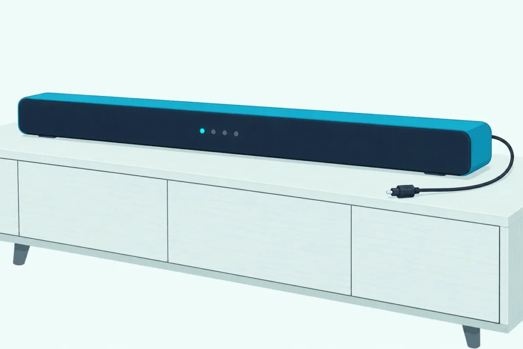 Slim soundbar with a row of small indicator lights, one lit, and a thin optical cable curving from its end