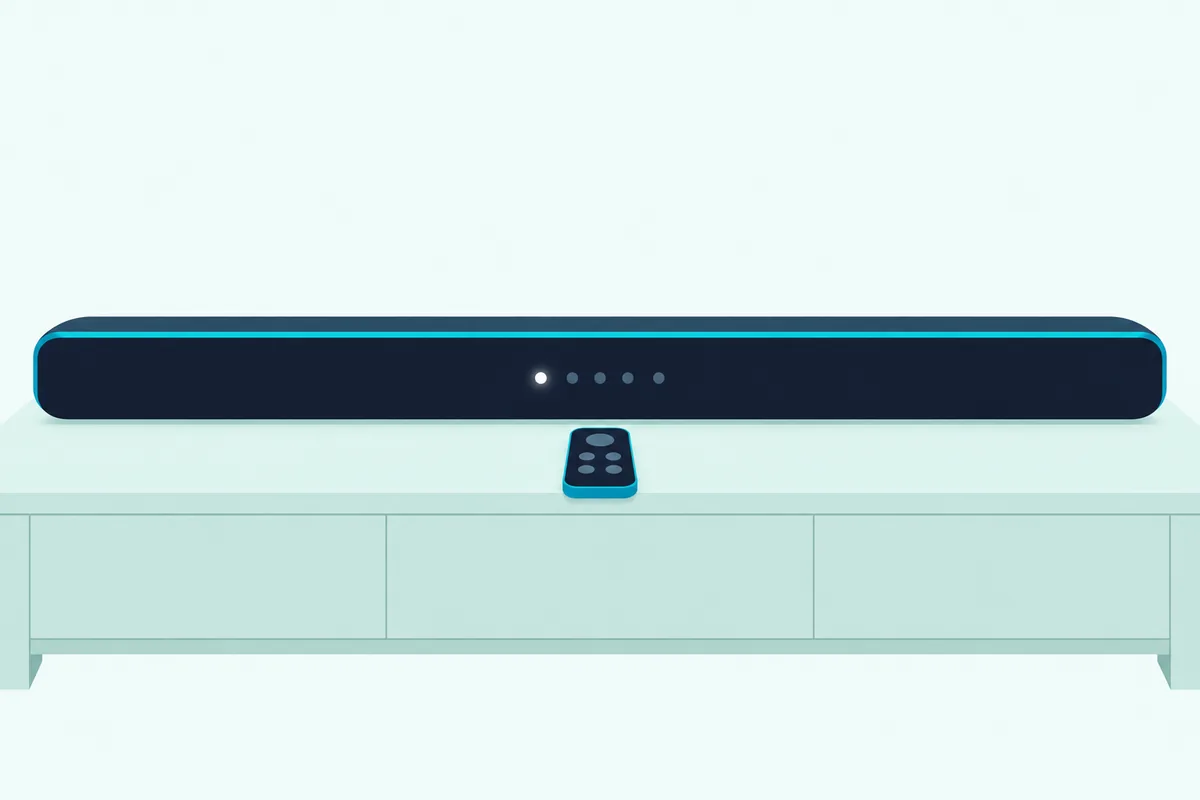 Slim soundbar on a low console with a short row of small white lights on its front edge and a plain remote beside it