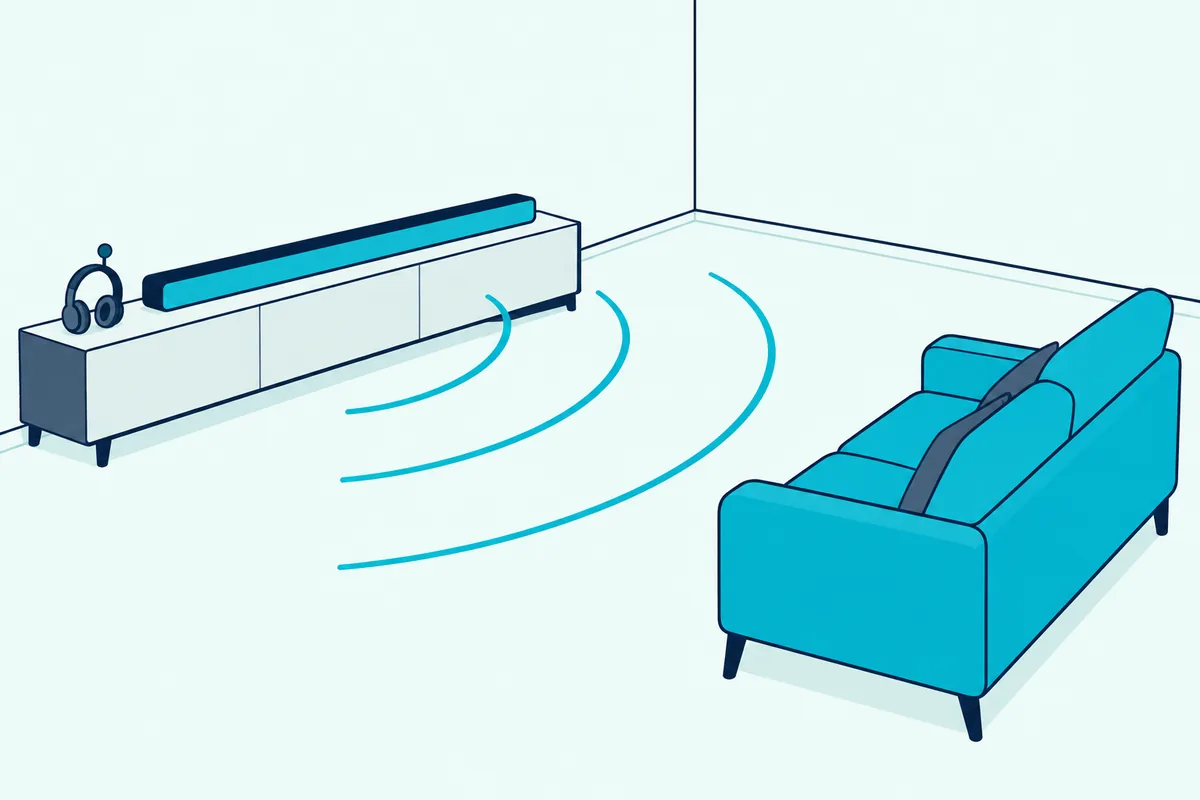 Slim soundbar on a console with a small microphone headset resting beside it and faint curved arcs reaching a sofa