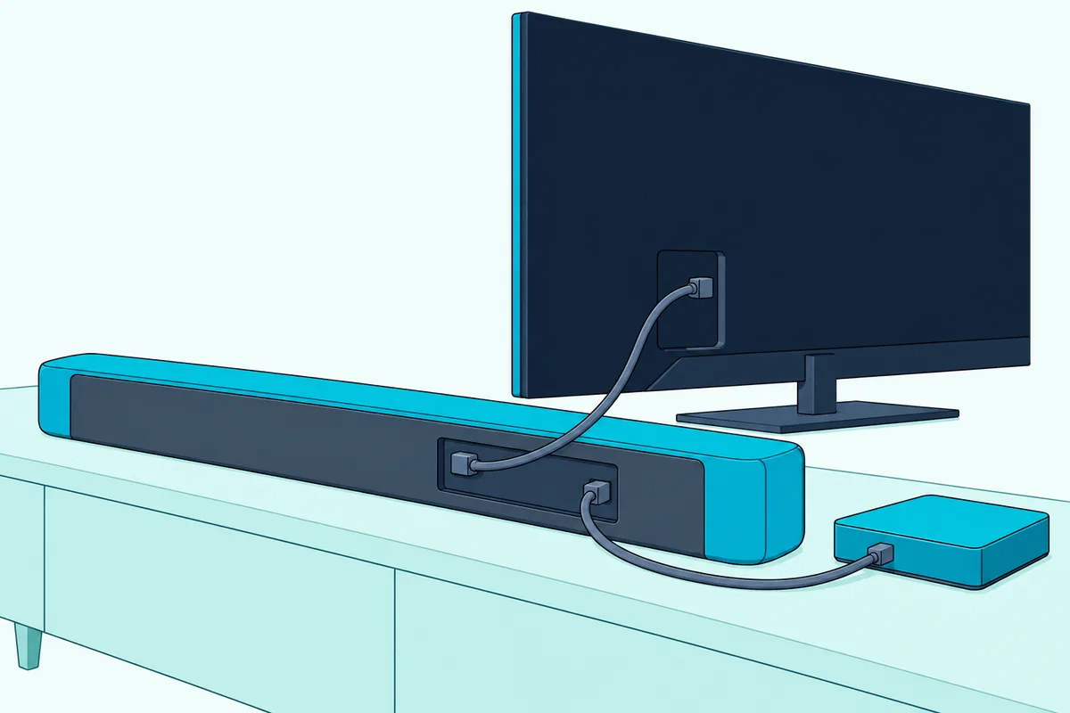 Slim soundbar on a console with a small streaming box plugged into its back and one plain cable rising to a TV