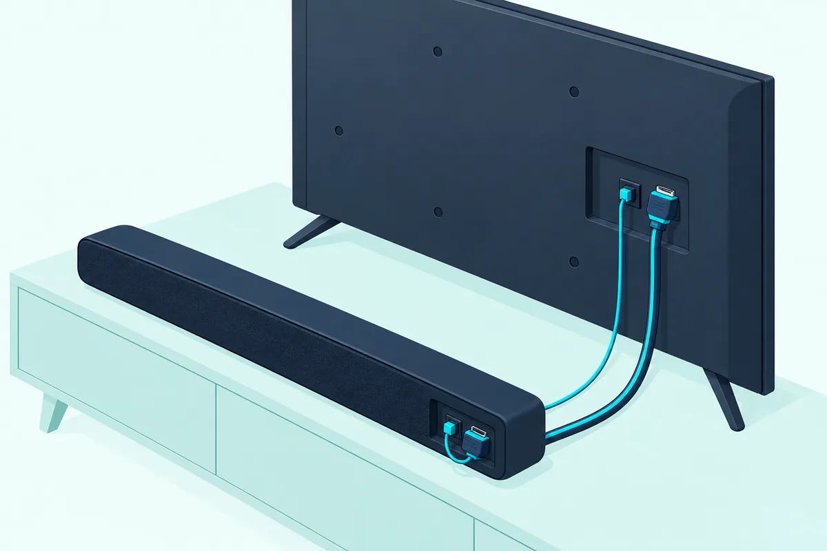 Slim soundbar on a low console with a thin optical cable and a thicker HDMI cable running side by side to the back of a TV