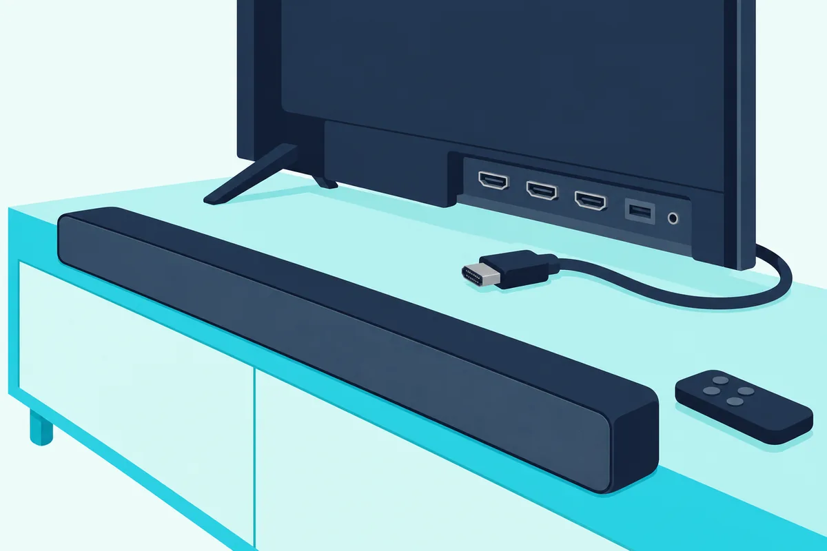 Slim soundbar on a TV cabinet with an HDMI cable unplugged and lying loose by the TV's port, a remote set beside it