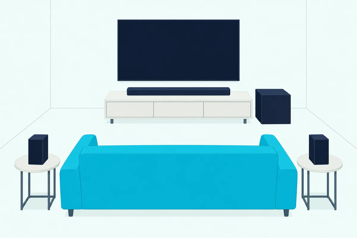 Slim soundbar under a blank TV with a cube bass module beside the stand and two small rear speakers behind a sofa