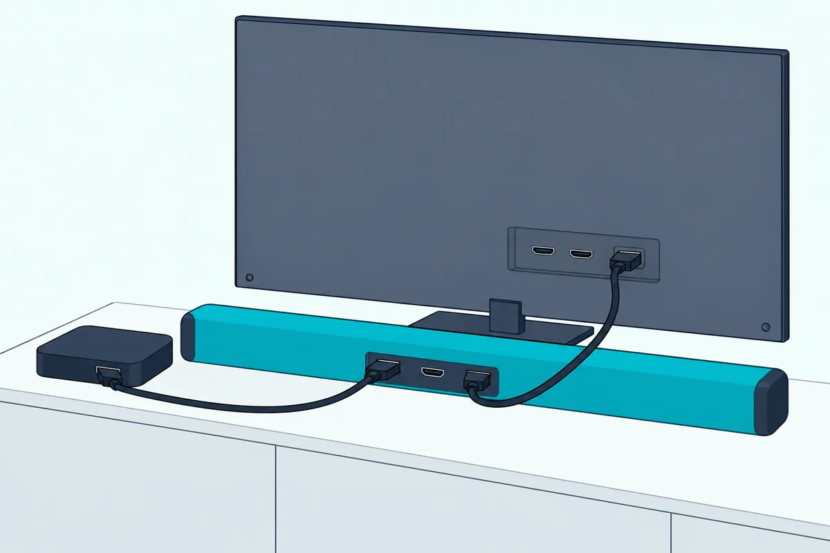 Slim soundbar on a low cabinet with two HDMI cables at its back, one from a cable box beside it and one up to the TV
