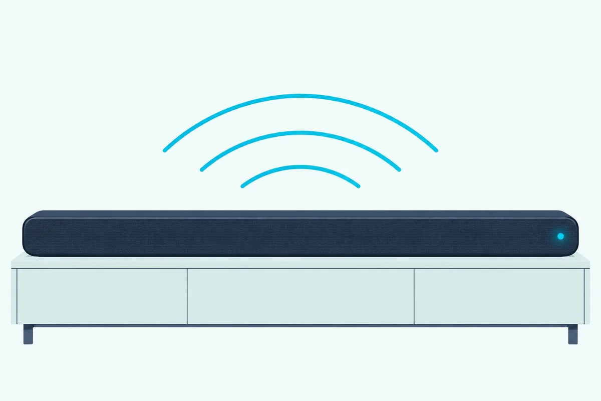 Slim soundbar on a console with one small light glowing on its front grille and three curved arcs rising from its top